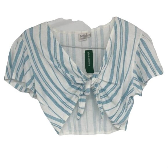 TWIK Simons blue white  stripe tie front short sleeve crop top M - Picture 1 of 14